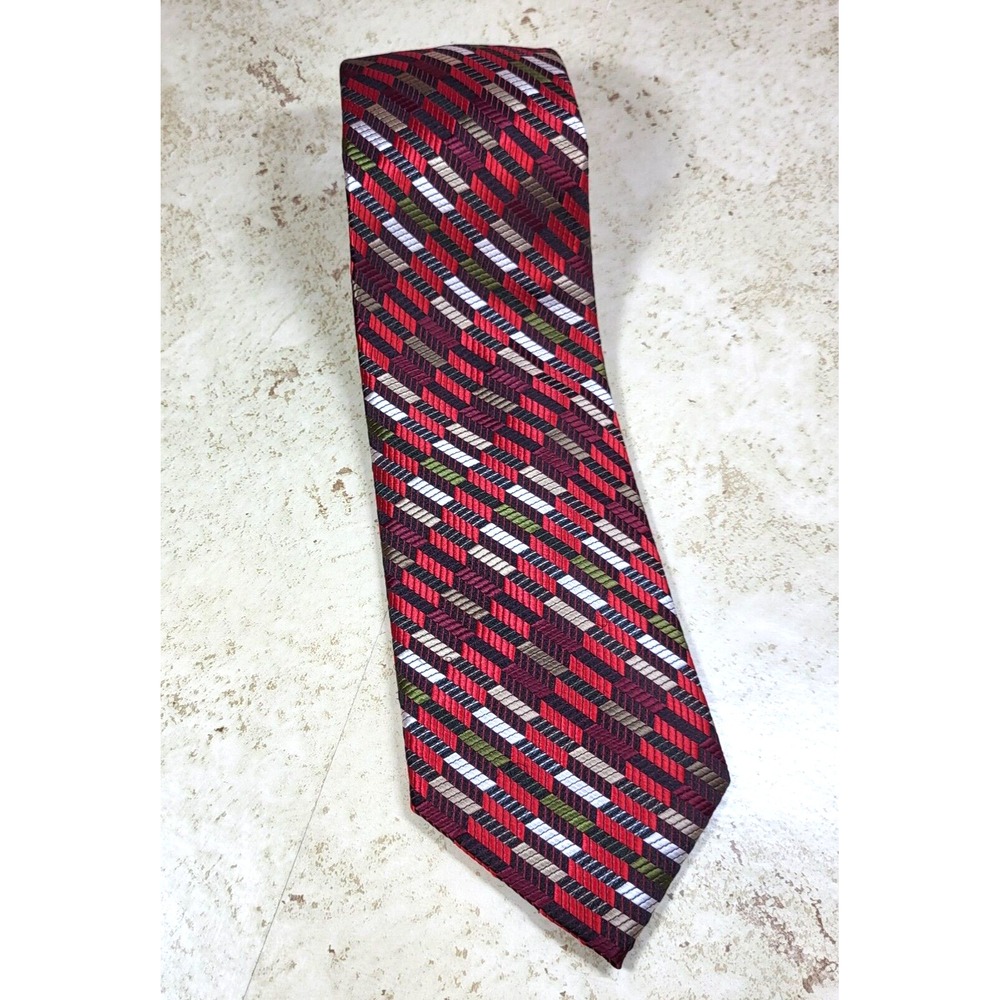 Renzo Red/Olive/Taupe/Wine Geometric‎ Textured Handmade Polyester Pointed Tie